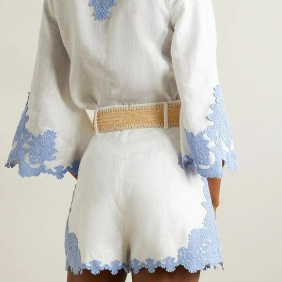 NWT - Zimmermann Raie Belted Appliquéd Lace-Trimmed Linen Shorts, Size 8 (US) - Picture 3 of 9